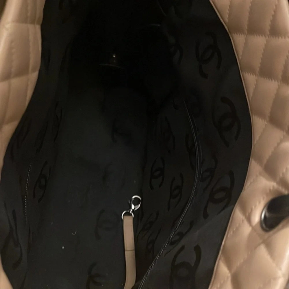 CHANEL Beige Quilted Tote with Black Accents
